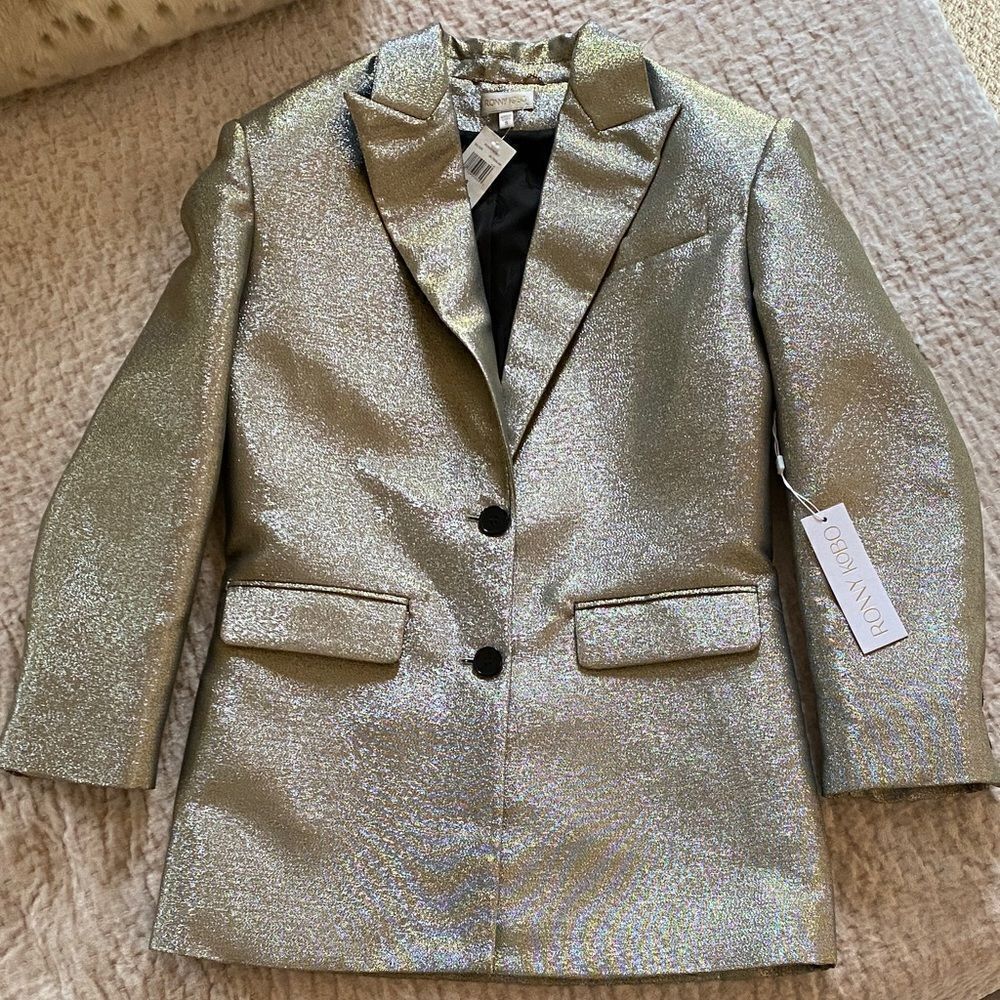 Ronny Kobo shimmery blazer with shoulder patting.